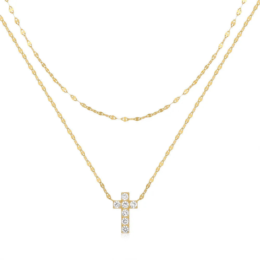 Sterling silver double layer twin diamond cross pendant necklace with geometric design