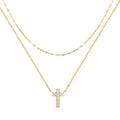 Sterling silver double layer twin diamond cross pendant necklace with geometric design