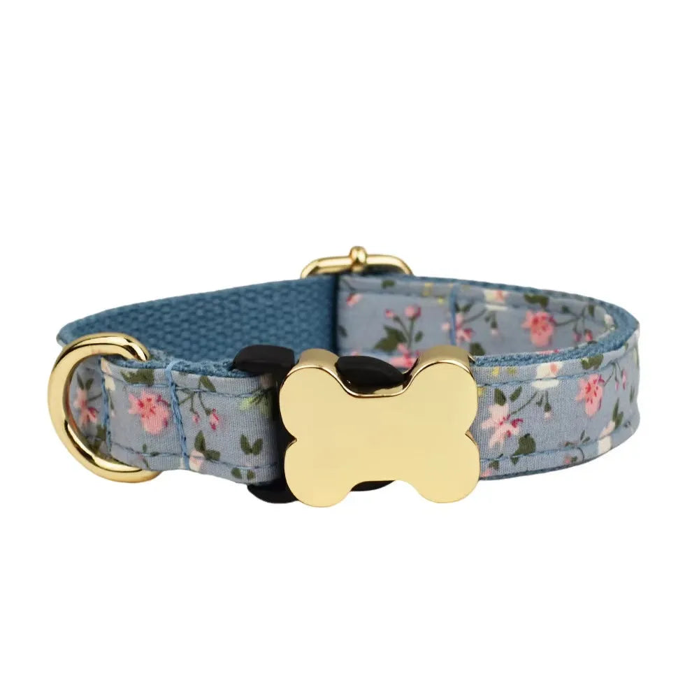 Nylon dog collar with bone-shaped buckle and grid print in multiple colours.
