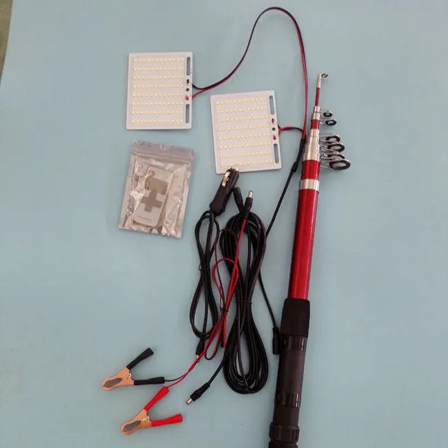 LED fishing rod light with telescopic pole showing 96 white LEDs and remote control