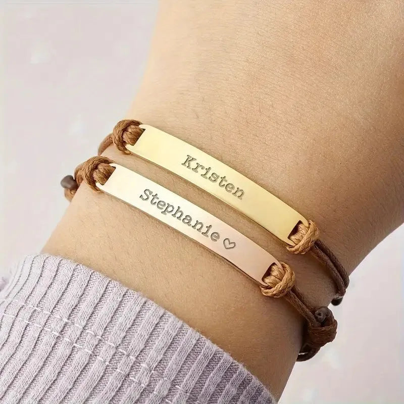 Stainless steel curved inspirational engraved woven stretch wristband in silver gold rose gold synthetic leather