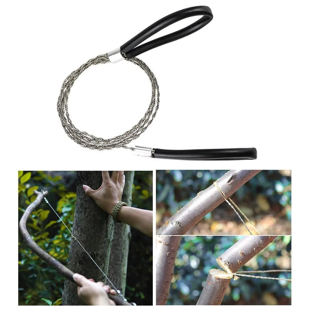 Manual cutting chain saw with handle and wire rope on white background, hand tool for garden pruning