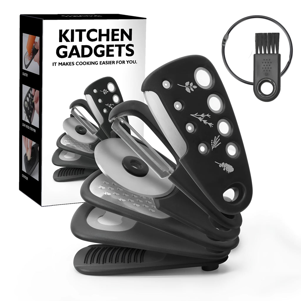 Six stainless steel kitchen gadgets and a brush stored in a modern simple colour box.