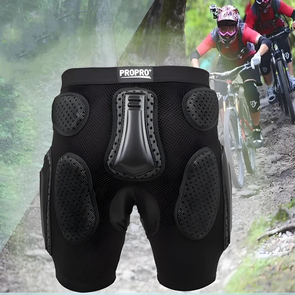 A pair of black cycling hip pad protective pants for sports, showing the integrated hip protection area.