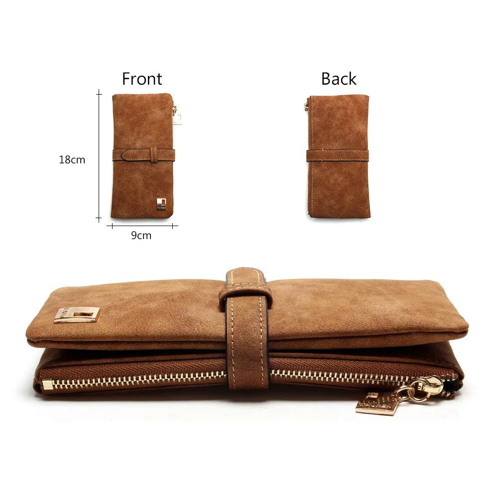 Korean retro matte leather women's long wallet showing two-fold draw closure and vertical orientation