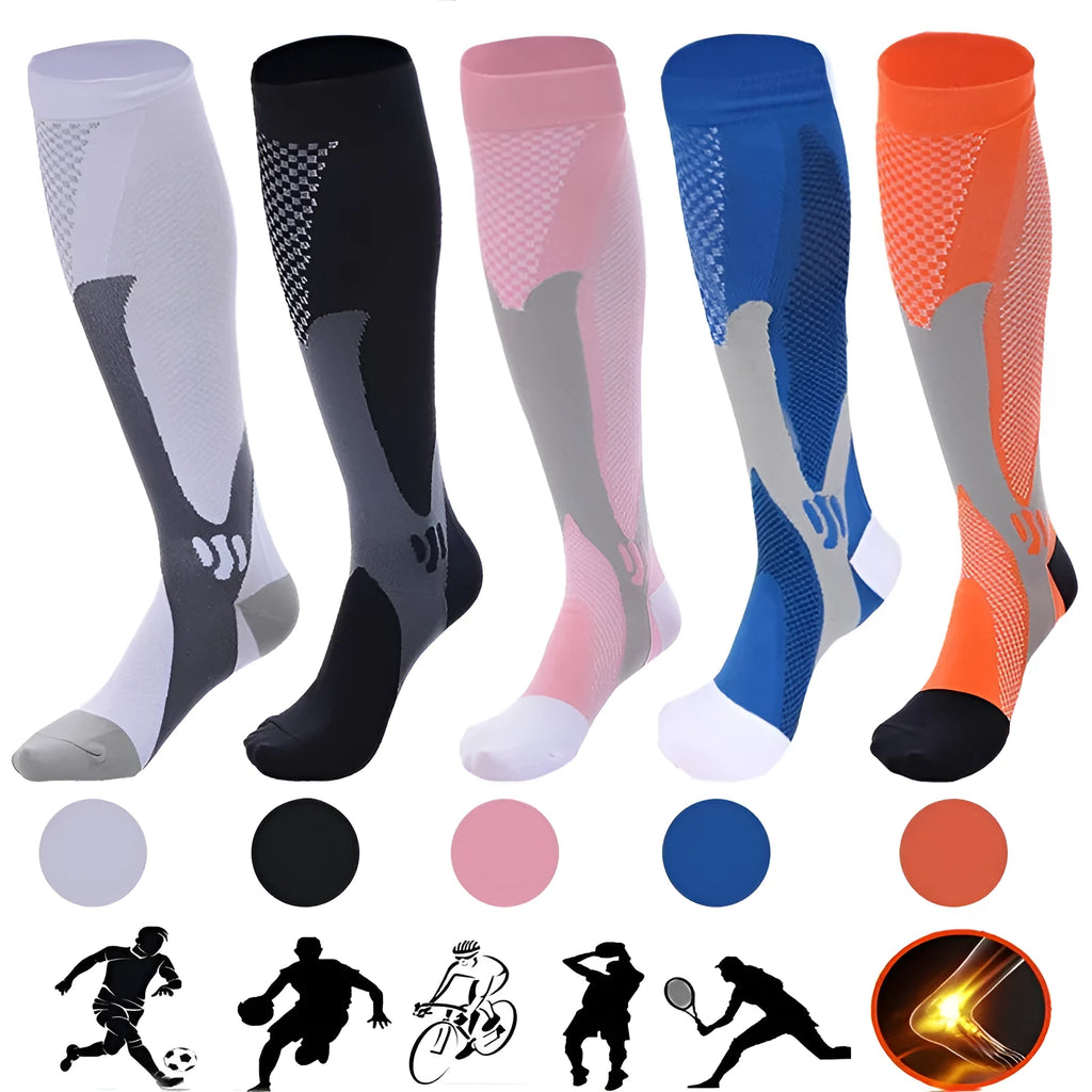 Graduated athletic compression socks for men and women in various colours and sizes.