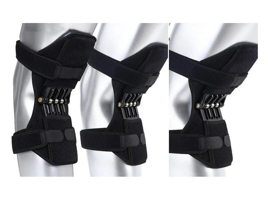 Black spring knee brace with adjustable straps on a grey background