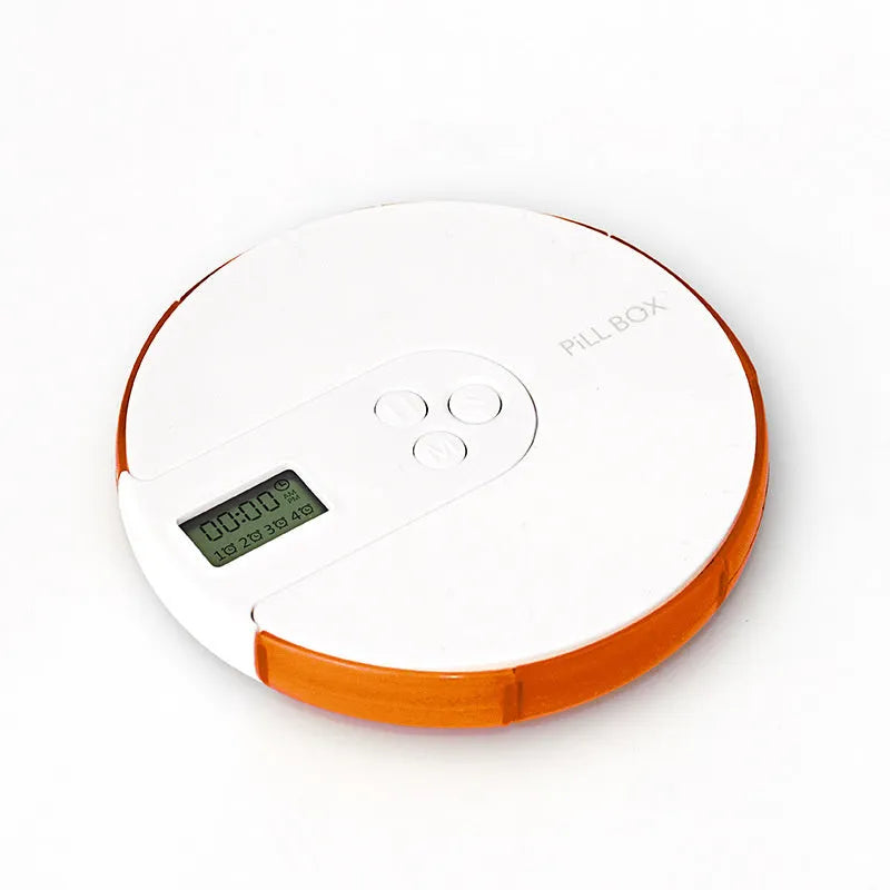 Seven-compartment electronic pill dispenser with alarm clock display, shown in blue.