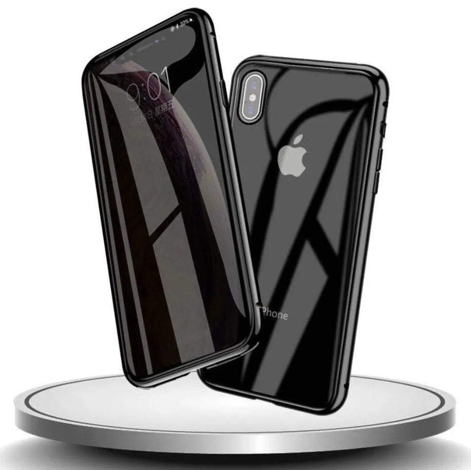 Glass anti-spy clamshell case for iPhone in multiple colours showing geometric pattern