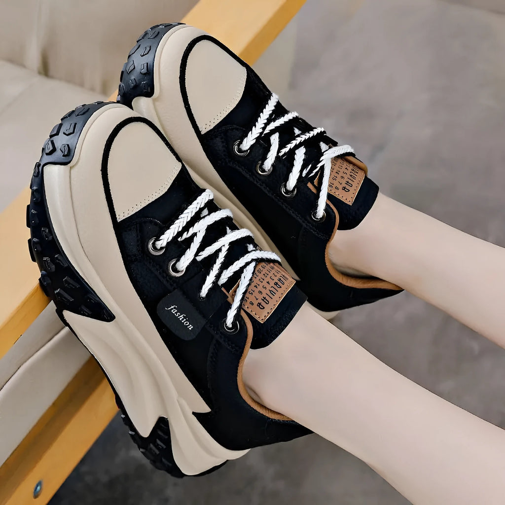 Women's casual sneakers with platform wedge heel in black, white, and yellow solid colour, breathable mesh inner, round toe