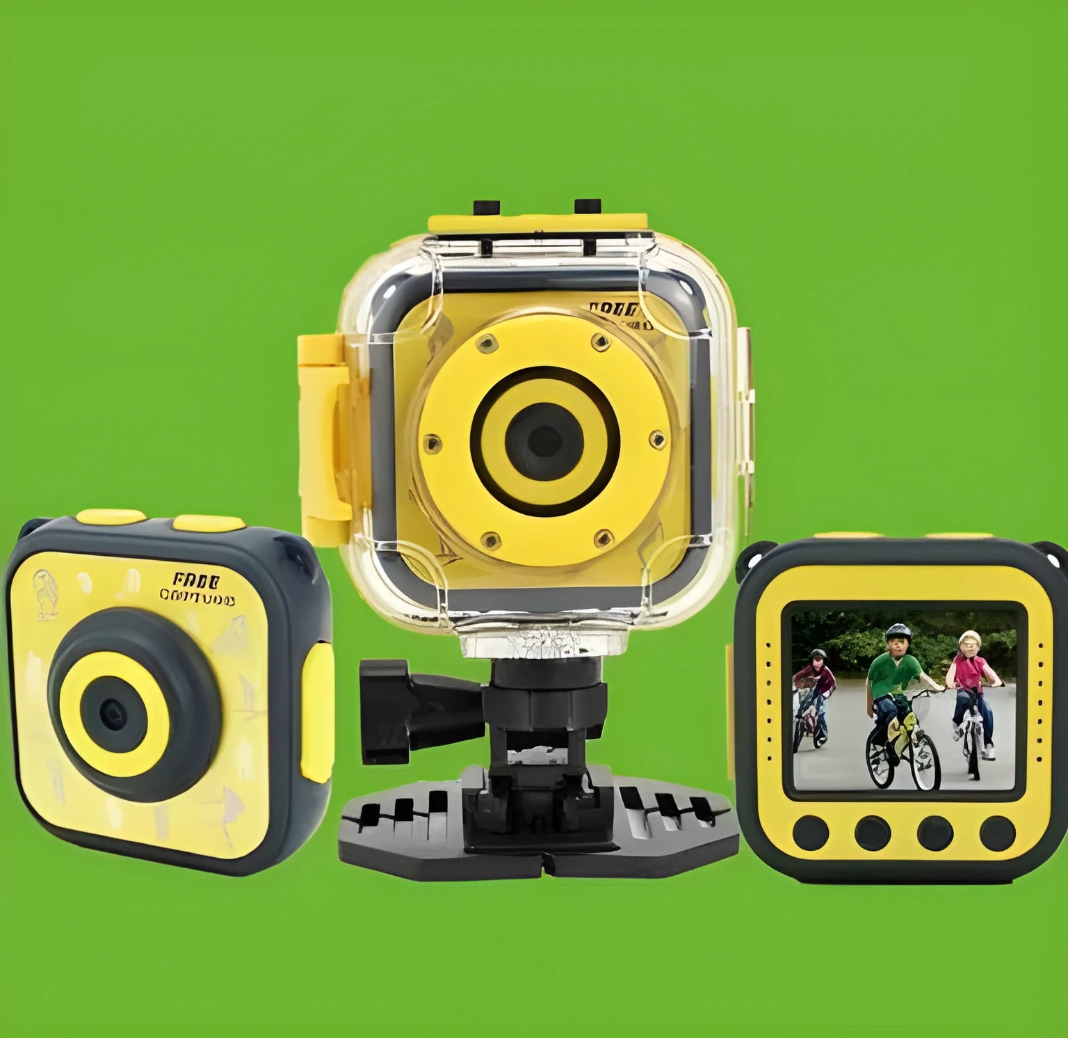 Yellow children's waterproof sports camera with compact design showing front view and control buttons