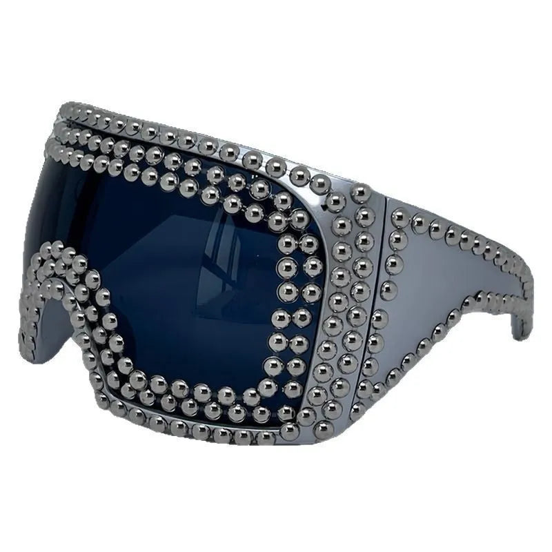Men's large square frame punk sunglasses in silver and gold colours with rivet details