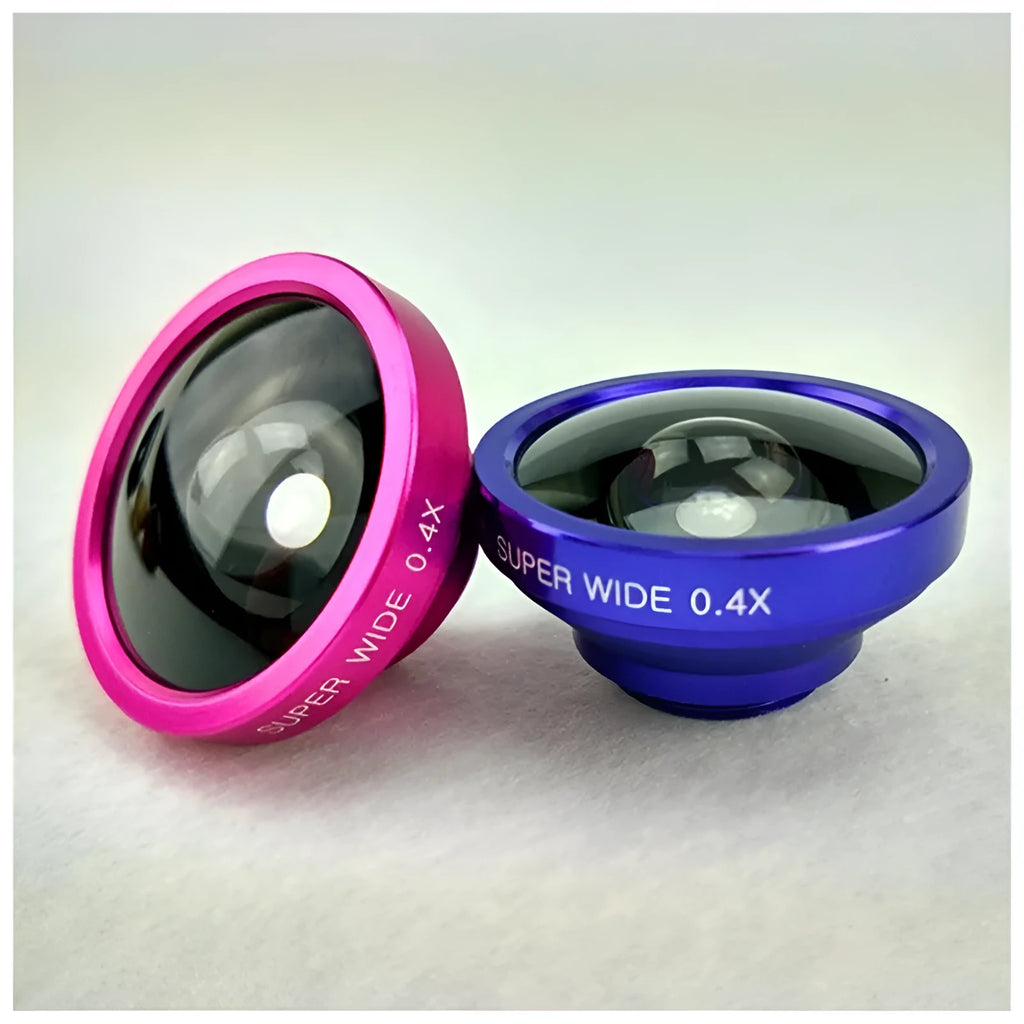 3-in-1 mobile phone lens kit with fisheye, wide angle and macro lenses in aluminium housing