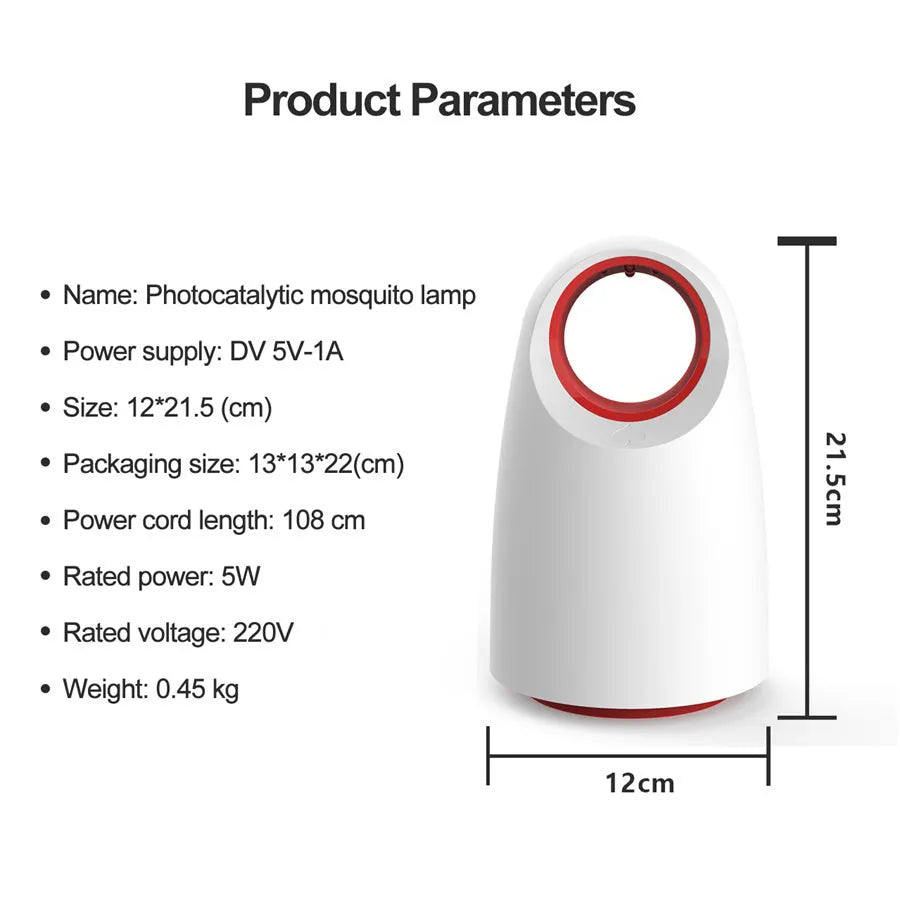 Black or white plug-in silent mosquito killer with UV light on a table next to a USB cable