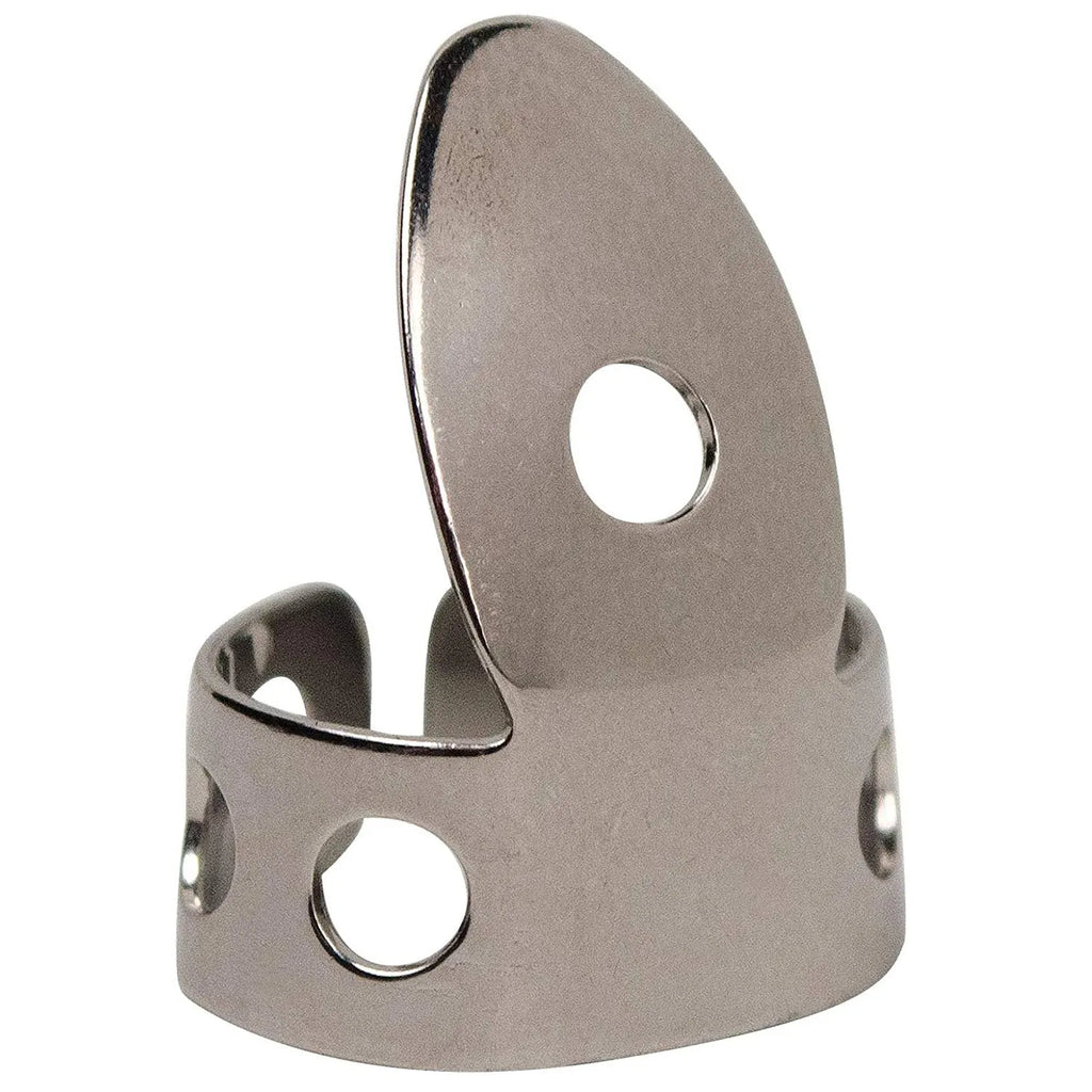 Four silver metal guitar finger stall plectrums laid flat on a surface