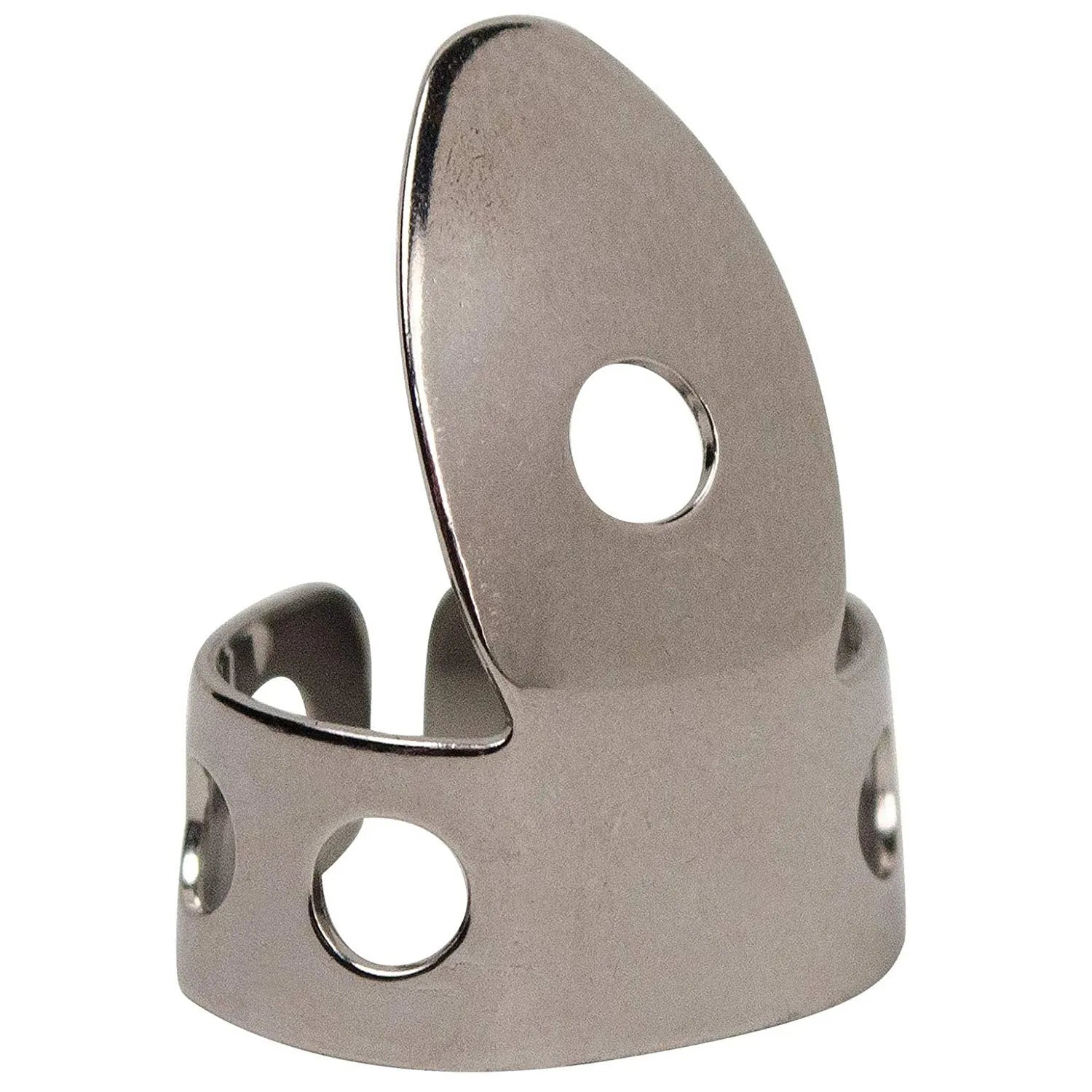 Four silver metal guitar finger stall plectrums laid flat on a surface