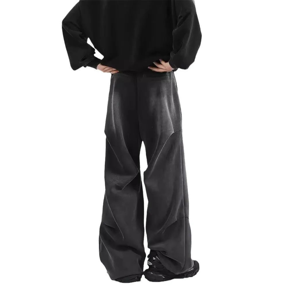 Men's American washed cotton pleated straight loose sweatpants in black with elastic waist