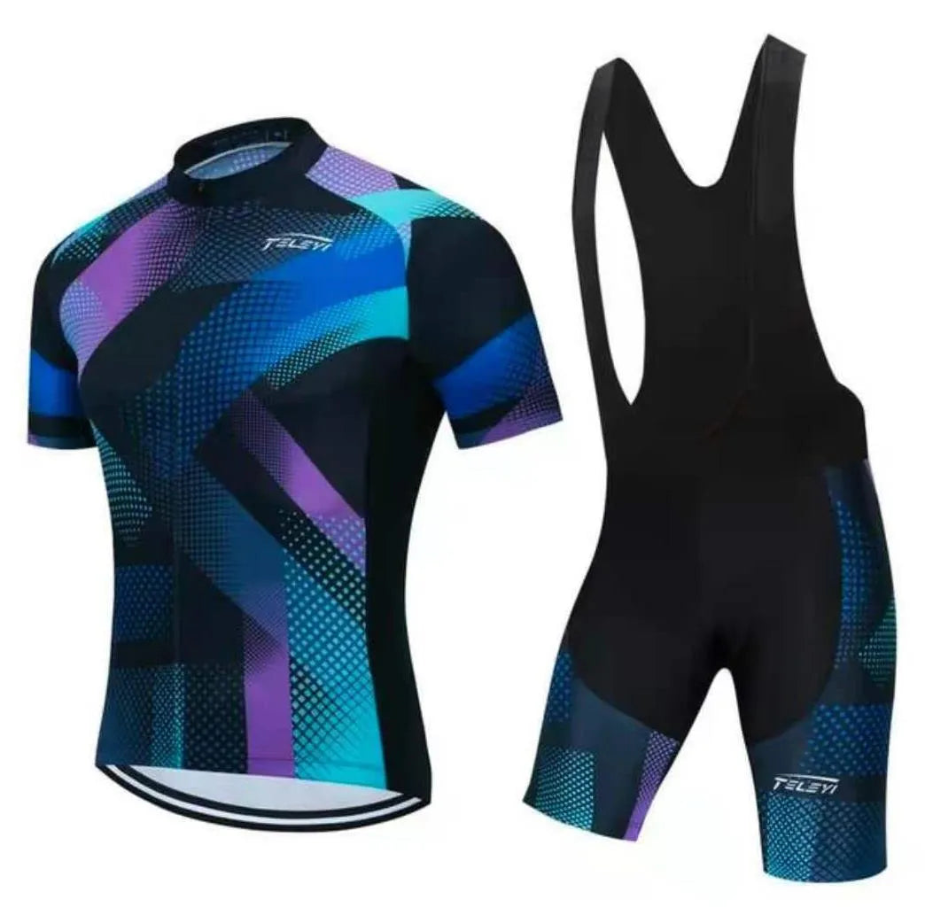 Cycling jersey set showing short sleeve moisture absorbing top and matching pants for summer biking.