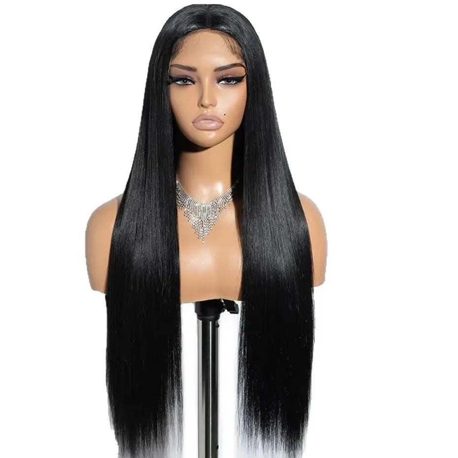 A natural-looking, straight, glueless human hair wig with side bangs, shown in various lengths.