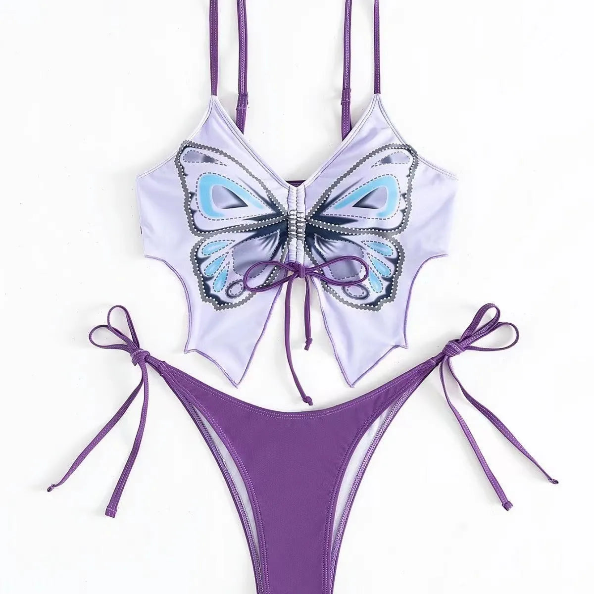 Women's purple bikini suit with bow ins style detail on a split design, made from polyester fabric.