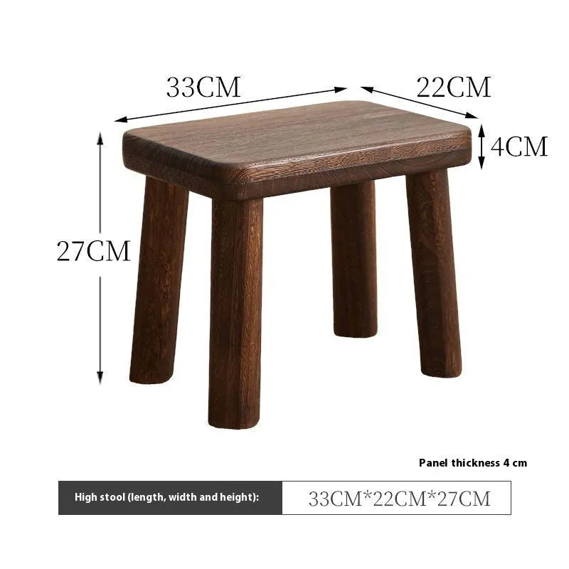 Distressed solid wood changing stool with bracket structure for hallway or living room.