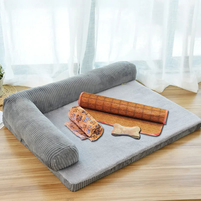 Corduroy dog bed with sponge padding on non-slip base in grey colour