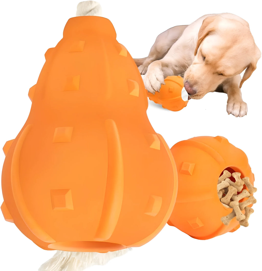 Natural rubber stuffable dog toy with a long strap for interactive play.