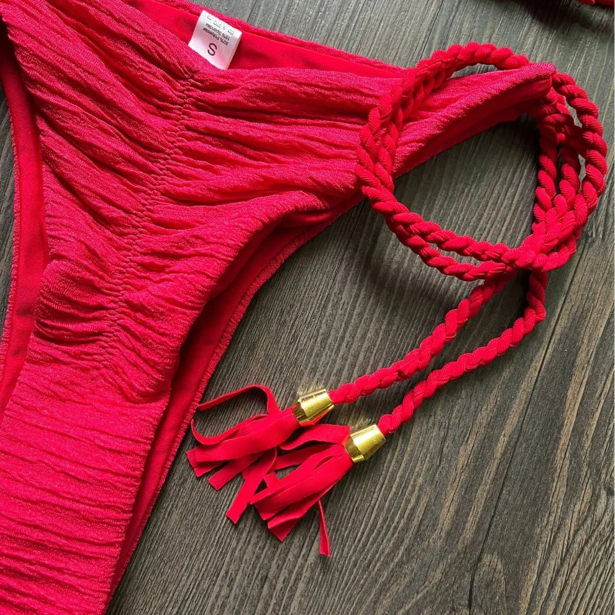Women's solid colour braided rope bikini suit with cotton lining and nylon fabric for swimming