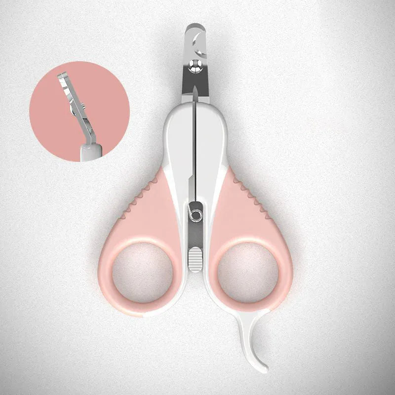 Grey and pink stainless steel pet nail clippers with angled blade and safety lock on handle