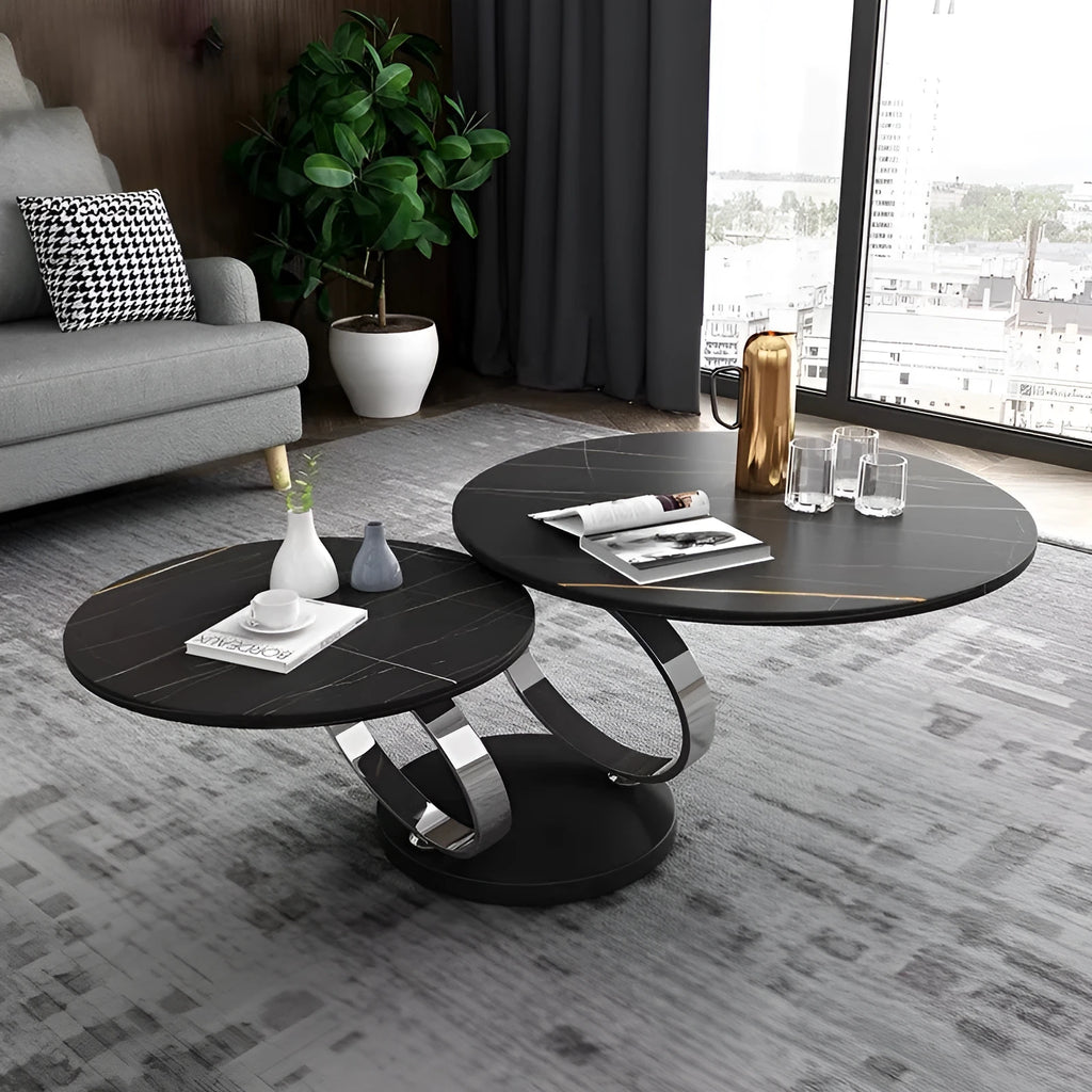 Round rotary retractable folding dining table with slate top in black and white colour option