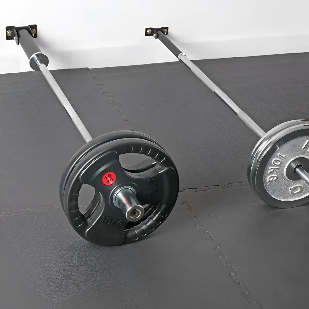 Steel wall-mounted rack with 25 tubes for storing barbell rods or gun barrels.