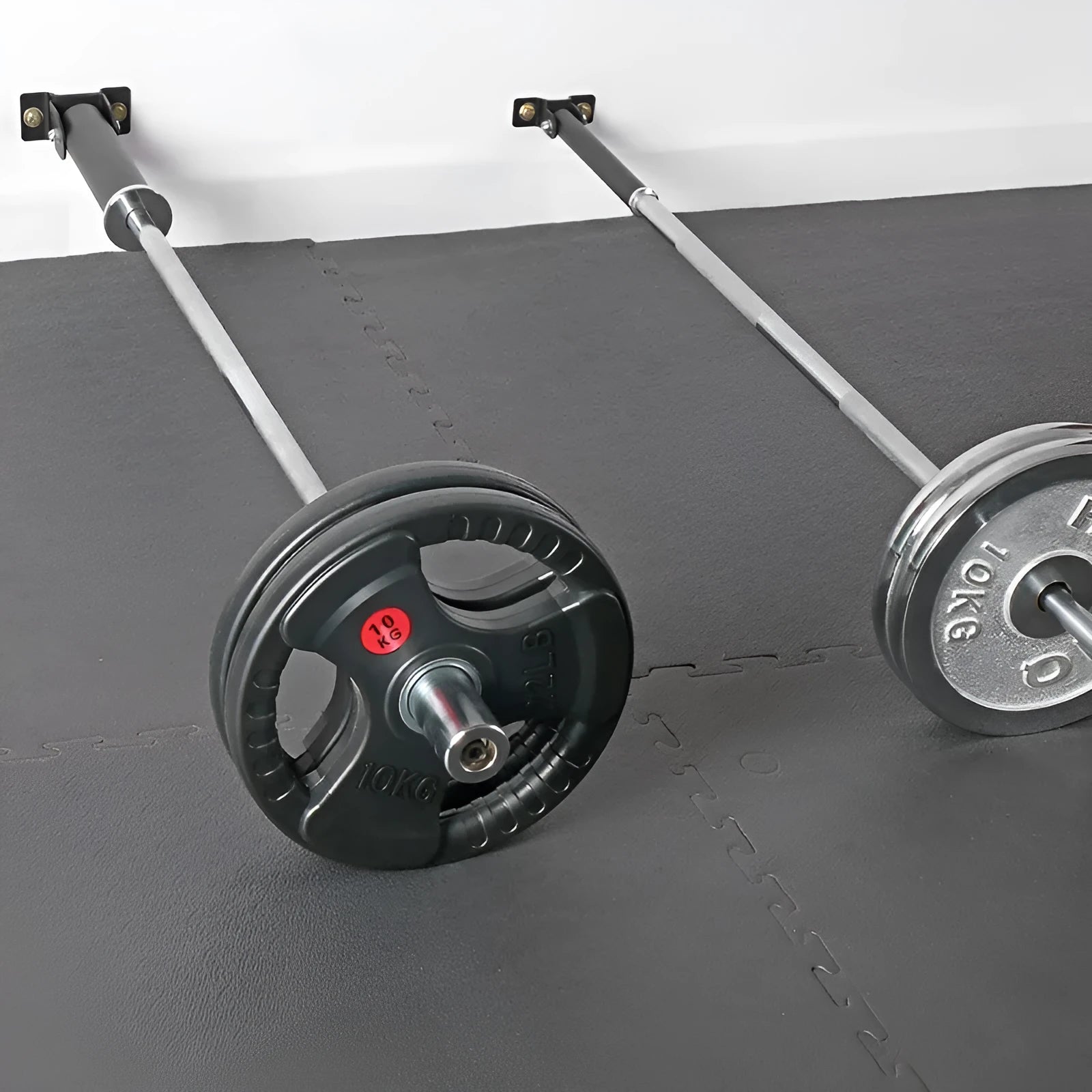 Steel wall-mounted rack with 25 tubes for storing barbell rods or gun barrels.