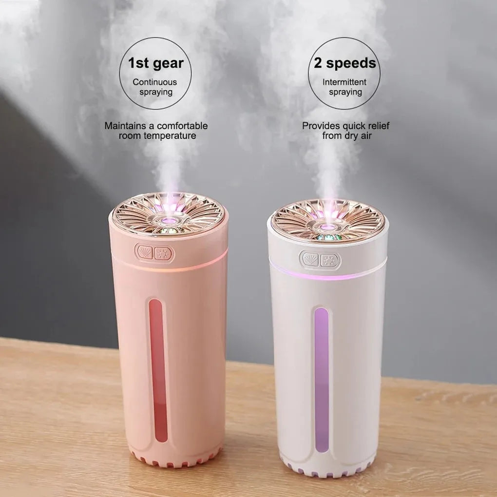 Black and white portable USB rechargeable humidifier with colourful LED lights on a car cup holder.