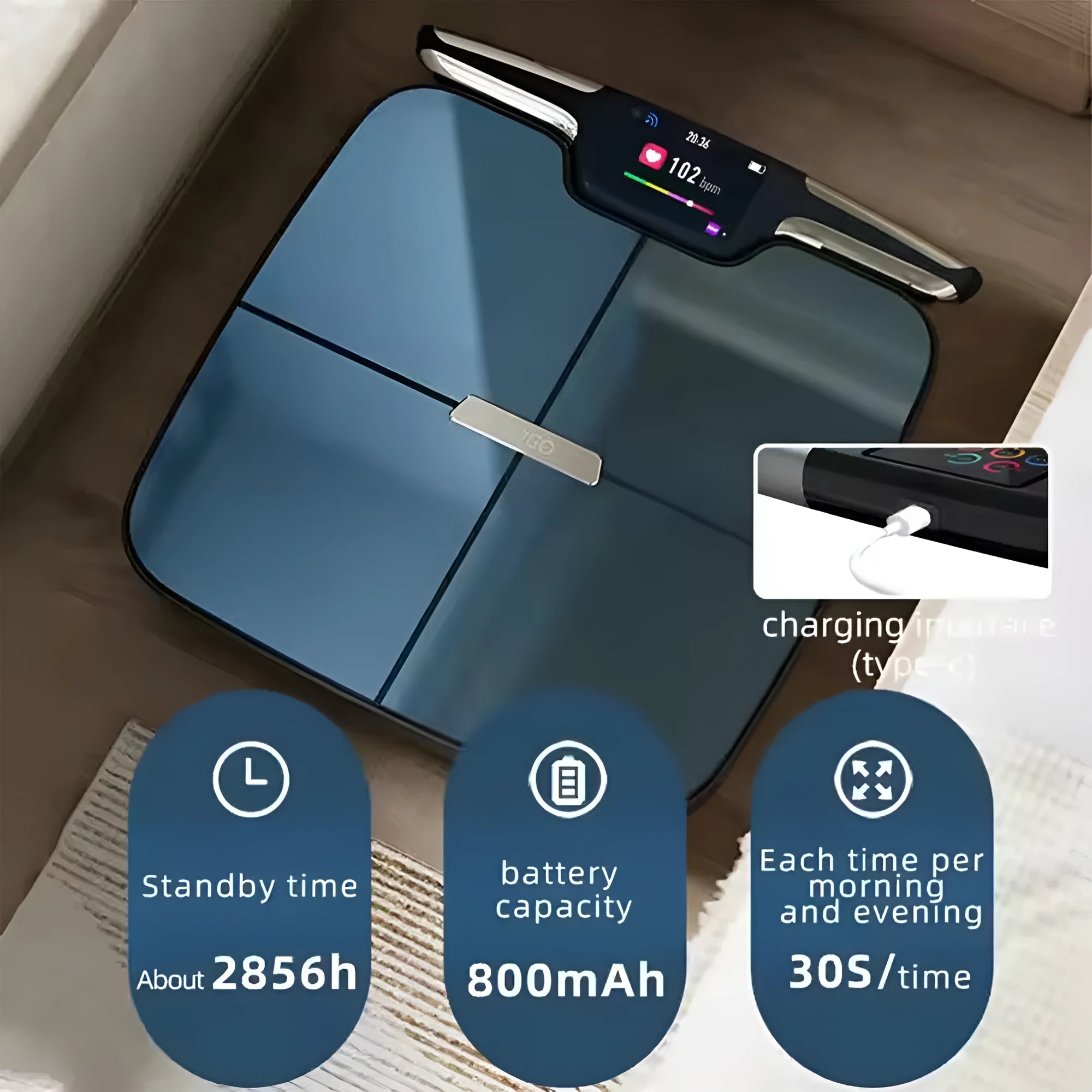 Black eight-electrode body fat scale measuring 45x45x8cm with intelligent electronic system