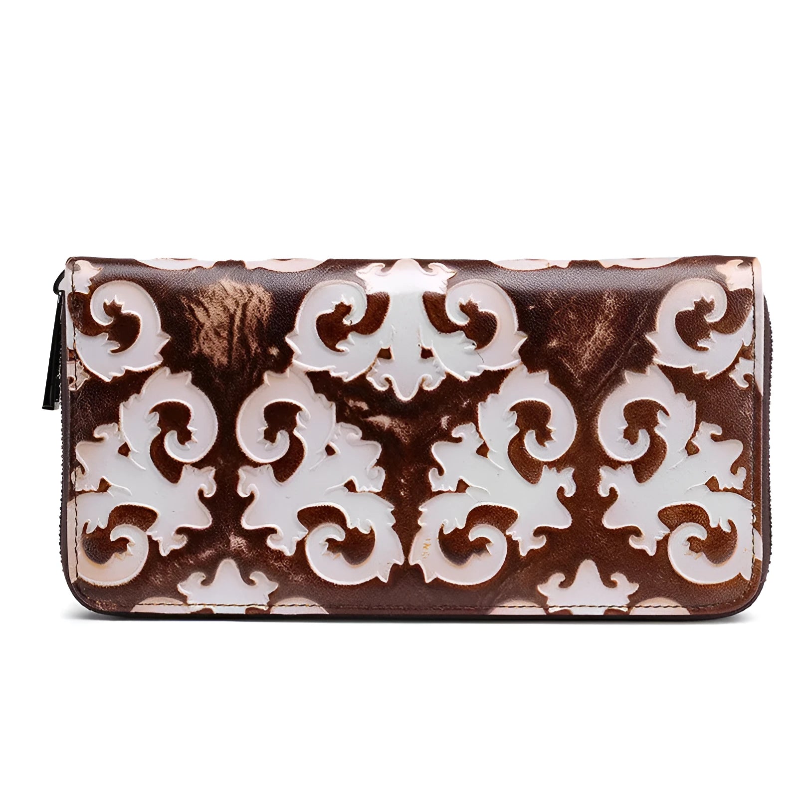 Brushed women's retro wallet in brown white top layer cowhide leather with floral embossed pattern and horizontal square shape