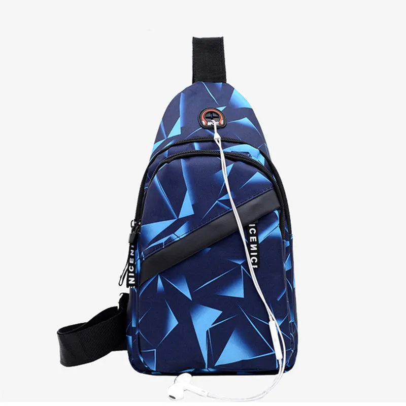Men's black print sling chest bag with earphone hole and zipper, showing inner patch pocket.