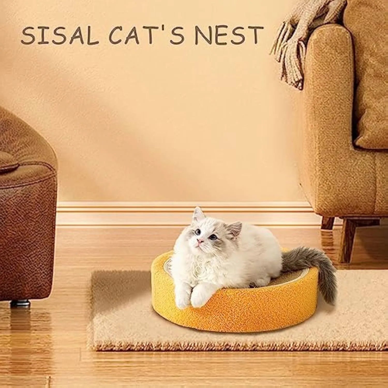 Yellow round cat scratching board made from sisal rope with concave centre for sleeping