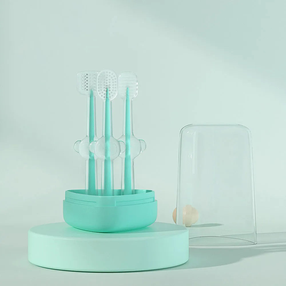 Silicone pet toothbrush for cats and dogs in blue, green, and purple colours for dental care.