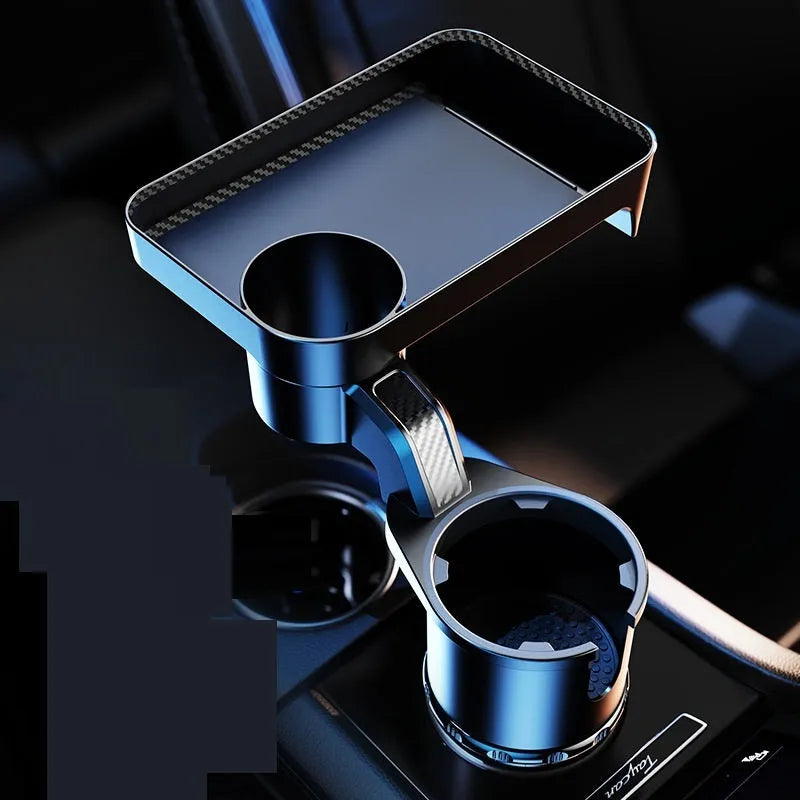 Black car-mounted rotating tray holder with dinner plate surface inserted in vehicle cup holder