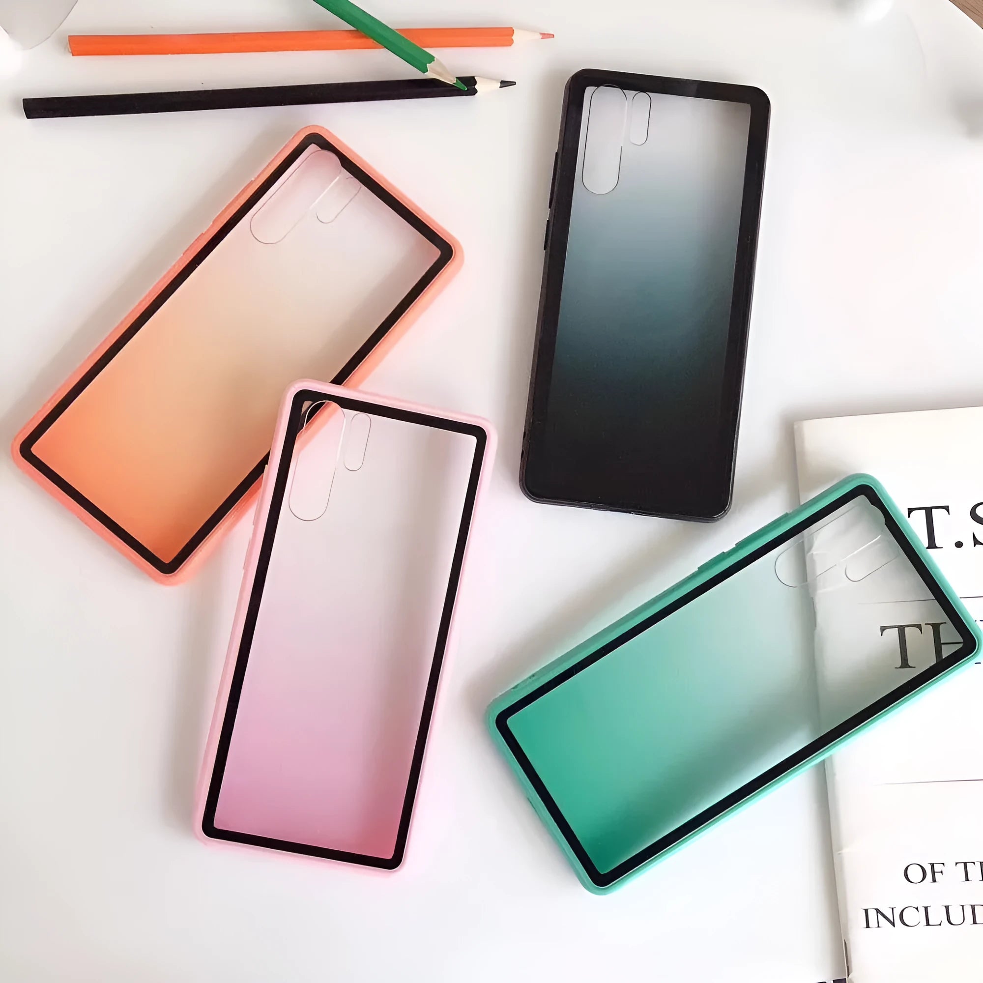 Rainbow coloured dual-material phone case for Huawei mobile phones, shown in black, green, orange and pink options.