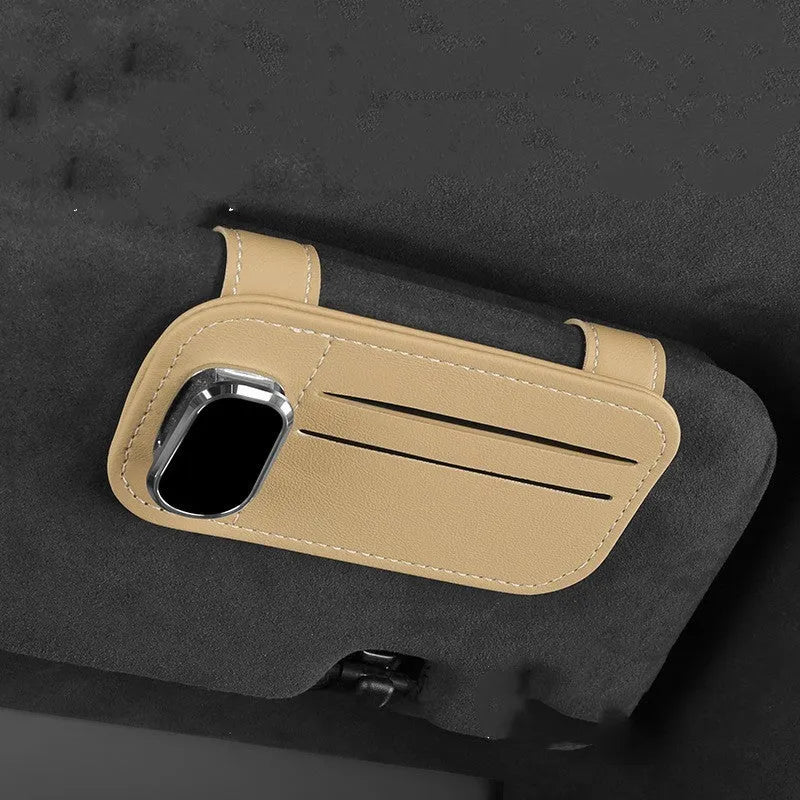 Cowhide leather automotive sun visor holder with glasses clip and card slots in beige colour.