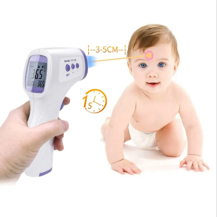White non-contact infrared forehead thermometer on a blue background with LCD screen