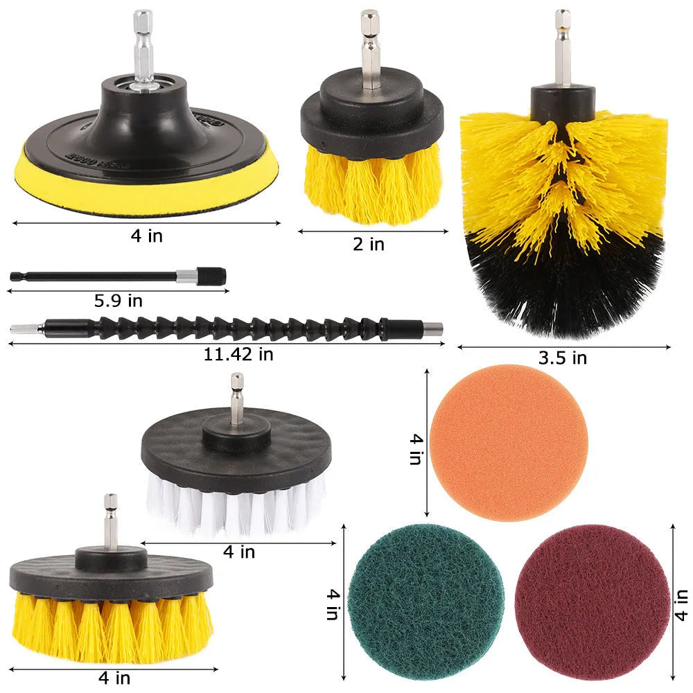 Multifunctional electric drill brush set with PP bristles, glass-fibre PP chassis, and S2 steel hex pole in multiple colours