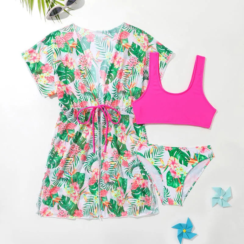 Girls' floral print two-piece swimsuit in briefs style for swimming sports