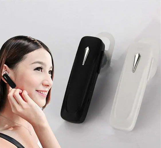 M163 black and white car Bluetooth headset with buttons for hands-free calls and music control
