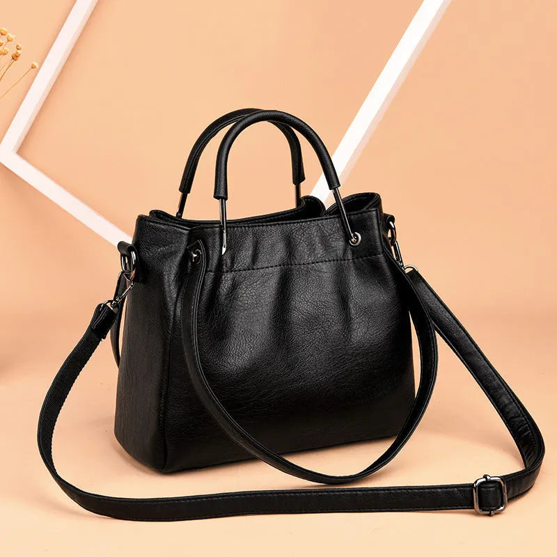 Korean fashion women's soft PU retro bucket handbag medium size solid colour with zipper closure