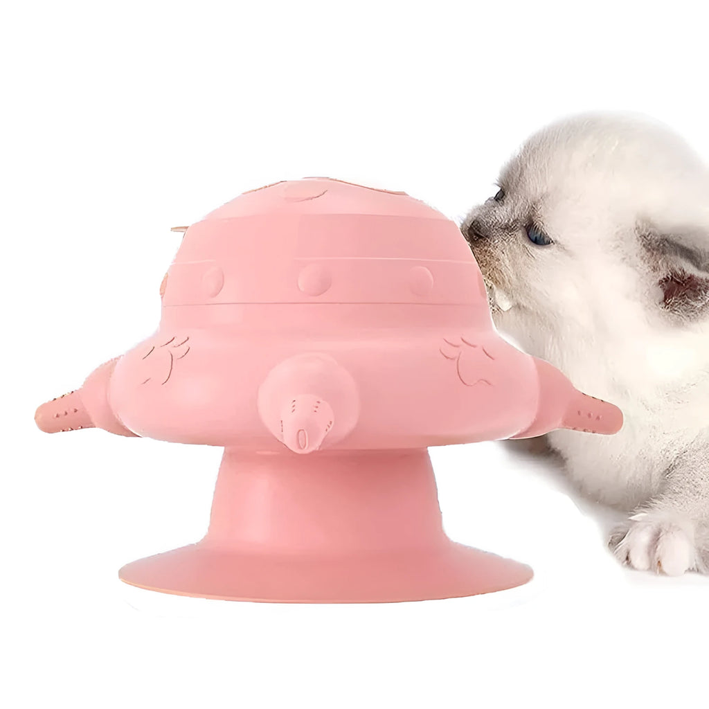 Pink silicone pet nursing milk feeder bowl with four pacifiers on a flat base.