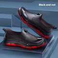Short tube Korean style PVC rain boots with plastic soles in beige, black, and black-red colours.