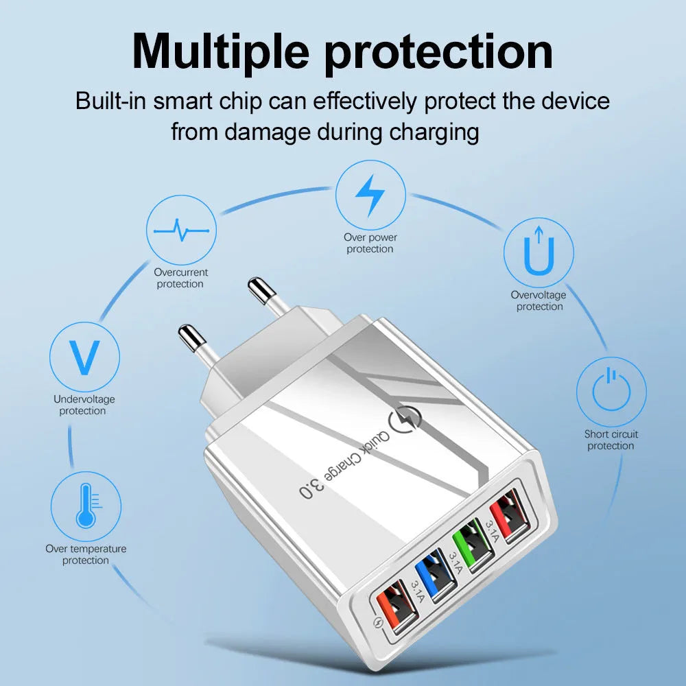 Multi-port 3.1A USB charging head with four ports and interchangeable UK EU US plugs in black colour