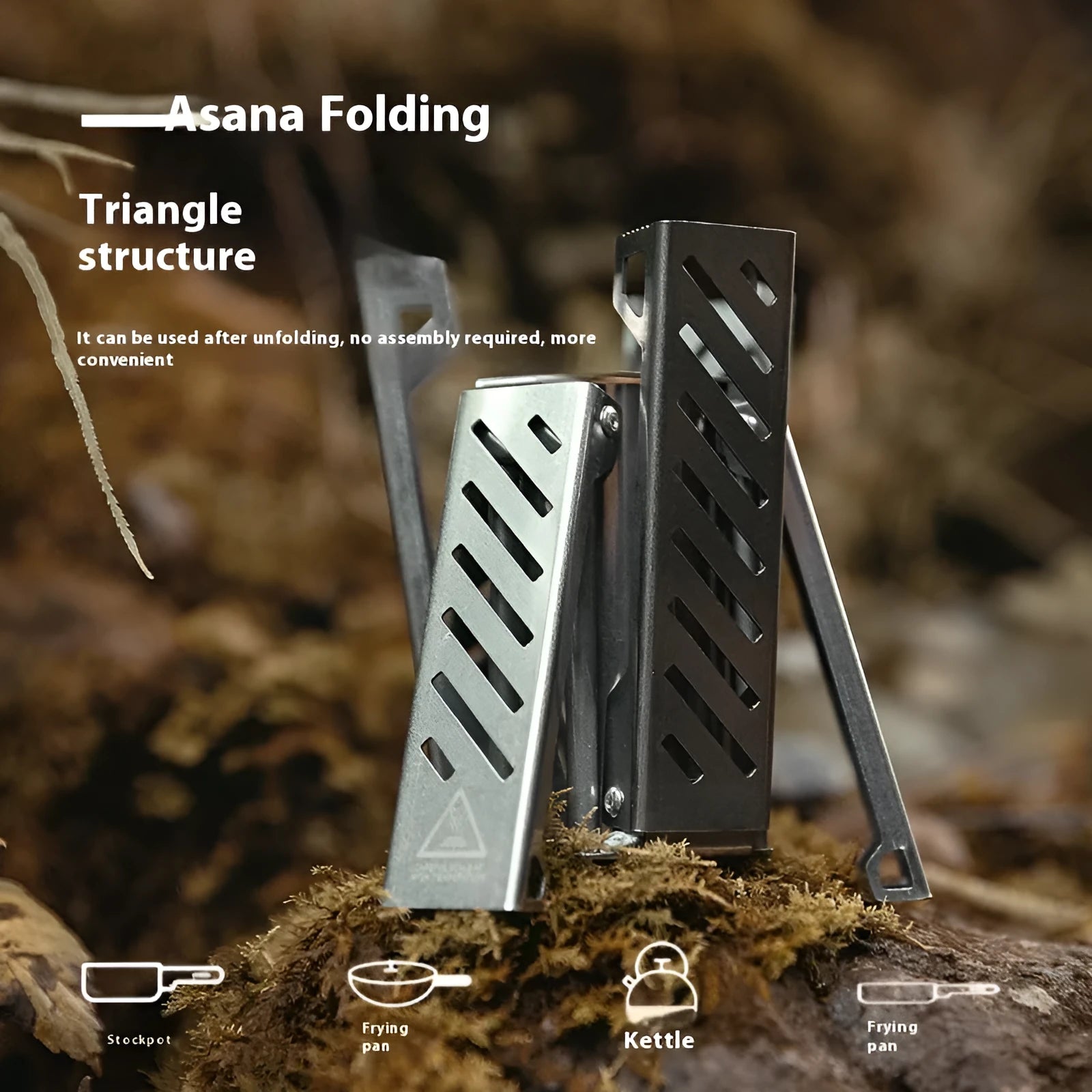 Black hexagon-shaped foldable alcohol camping stove shown with dimensions.